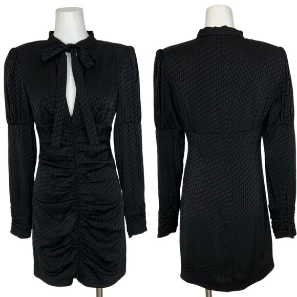 Alexis Lindon Dress M Black Ruched Jacquard Long Sleeve Mini Tie Neck Gothic - Picture 1 of 12